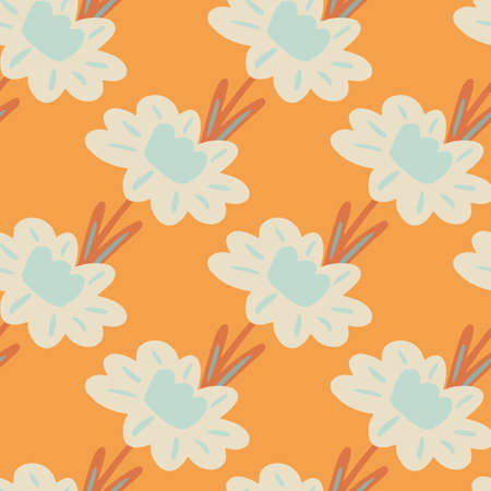 Grey and blue colored flower silhouettes seamless pattern. Bright orange background. Bloom backdrop. Graphic design for wrapping paper and fabric textures. Vector Illustration.のイラスト素材