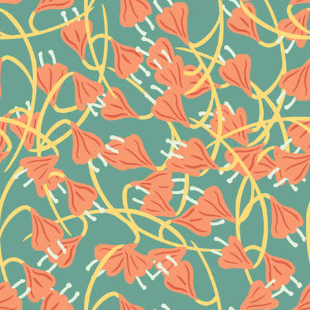 Hand drawn random abstract seamless pattern with pink colored bell flower shapes. Turquoise background. Vector illustration for seasonal textile prints, fabric, banners, backdrops and wallpapers.のイラスト素材