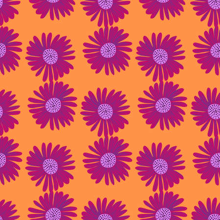Bright seamless botanic pattern with bright pink daisy flower elements. Orange background. Simple style. Flat vector print for textile, fabric, giftwrap, wallpapers. Endless illustration.のイラスト素材