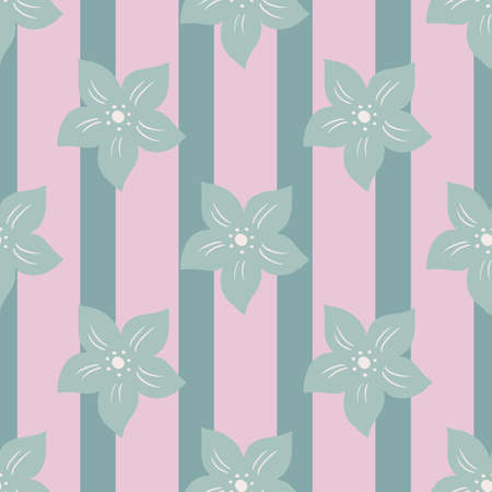 Pale tones seamless pattern with grey tropic flower ornament. Pink striped background. Simple style artwork. Vector illustration for seasonal textile prints, fabric, banners, backdrops and wallpapers.のイラスト素材