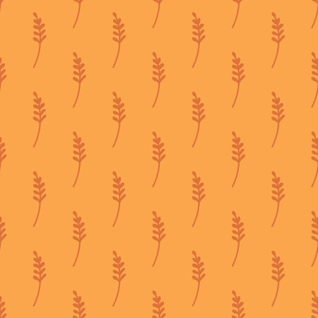 Vintage seamless pattern in hand drawn style with branches ornament. Orange colored background. Field print. Graphic design for wrapping paper and fabric textures. Vector Illustration.のイラスト素材