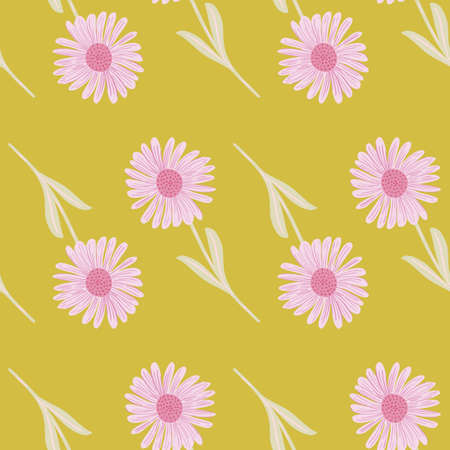 Scrapbook botanic seamless pattern with pink chrysanthemum elements. Yellow background. Floral spring backdrop. Stock illustration. Vector design for textile, fabric, giftwrap, wallpapers.のイラスト素材