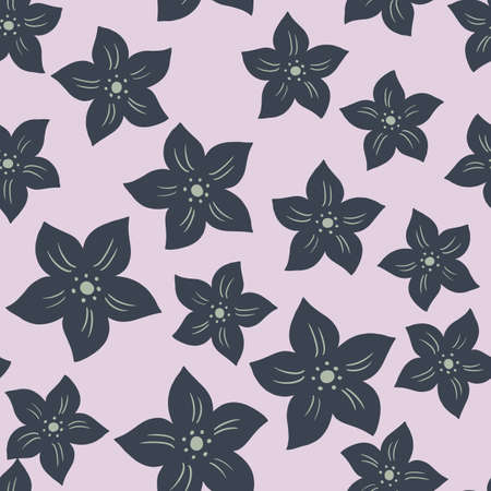 Random seamless pattern with doodle navy blue tropic flowers silhouettes. Grey background. Simple style. Vector illustration for seasonal textile prints, fabric, banners, backdrops and wallpapers.のイラスト素材