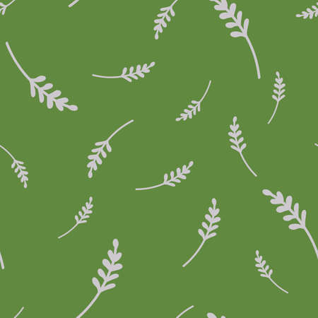 Random abstract seamless pattern with hand drawn doodle branches print. Green olive background. Graphic design for wrapping paper and fabric textures. Vector Illustration.のイラスト素材