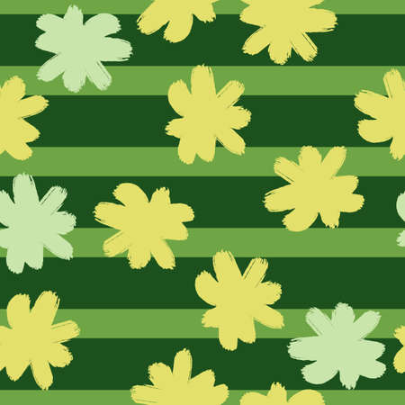 Yellow random flower bud silhouettes seamless pattern with green striped background. Hand drawn nature print.のイラスト素材