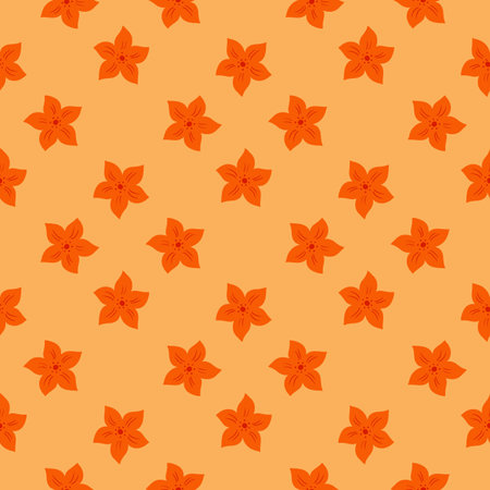 Creative abstract seamless pattern with bright orange tropical flowers ornament. Pastel background.