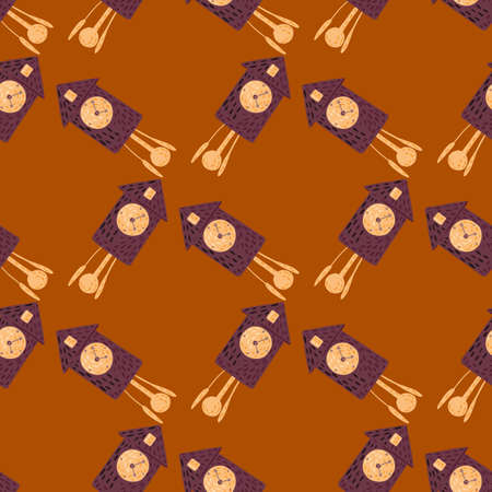 Seamless geometric pattern with purple colored cuckoo clock print. Brick orange colored background. Vector illustration for seasonal textile prints, fabric, banners, backdrops and wallpapers.のイラスト素材
