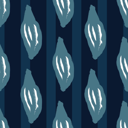 Abstract nature seamless foliage pattern with doodle leaves ornament. Navy blue striped background. Flat vector print for textile, fabric, giftwrap, wallpapers. Endless illustration.のイラスト素材