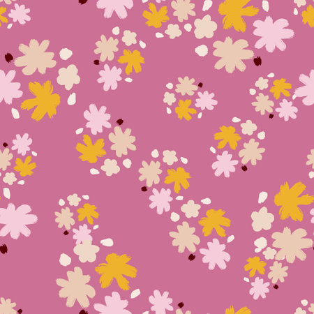 Random seamless pattern with doodle hand drawn flower elements. Pink background. Nature elements. Graphic design for wrapping paper and fabric textures. Vector Illustration.のイラスト素材