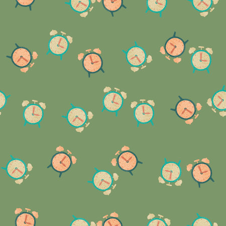 Decorative seamless pattern with retro alarm clock elements. Green colored pastel background. Great for fabric design, textile print, wrapping, cover. Vector illustration.のイラスト素材
