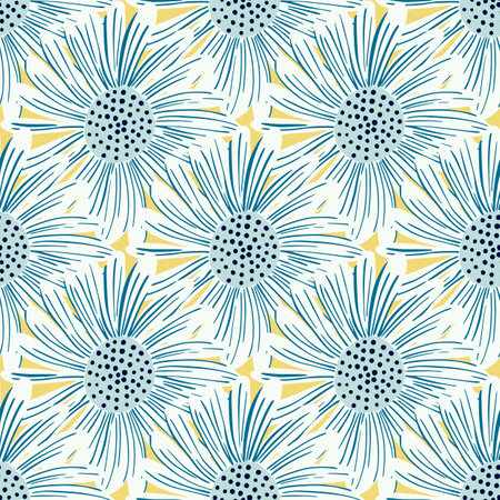 Blue and white colored daisy flowers silhouettes seamless pattern. Yellow background. Scrapbook nature print. Flat vector print for textile, fabric, giftwrap, wallpapers. Endless illustration.のイラスト素材