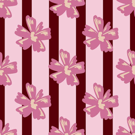 Abstract botanic seamless pattern with hand drawn pink colored flowers elements. Maroon striped background. Stock illustration. Vector design for textile, fabric, giftwrap, wallpapers.のイラスト素材