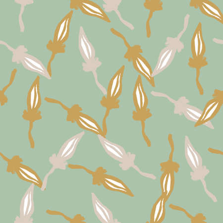 Botanic seamless pattern with grey and beige colored leaf elements. Pastel blue background. Hand drawn print. Flat vector print for textile, fabric, giftwrap, wallpapers. Endless illustration.のイラスト素材