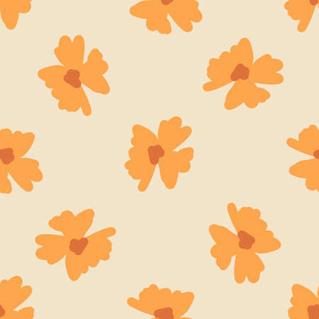 Summer seamless pattern with hand drawn flowers ornage bud print. Light grey background. Decorative backdrop for fabric design, textile print, wrapping, cover. Vector illustration.のイラスト素材