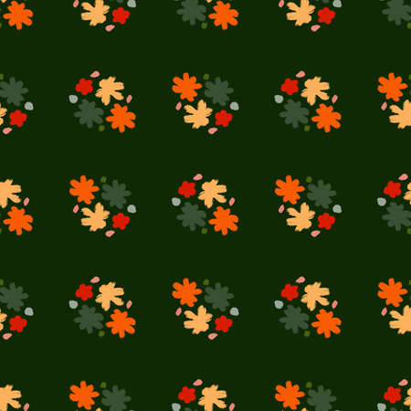 Dark decorative contrast seamless pattern with flower bud print. Green background. Botany doodle shapes. Graphic design for wrapping paper and fabric textures. Vector Illustration.のイラスト素材