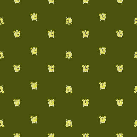 Vintage seamless pattern with little doodle alarm clock ornament. Green olive background. Scrapbook print. Great for fabric design, textile print, wrapping, cover. Vector illustration.のイラスト素材