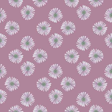 Decorative spring seamless pattern with pale geometric daisy flowers print. Lilac background in pastel tones. Flat vector print for textile, fabric, giftwrap, wallpapers. Endless illustration.のイラスト素材