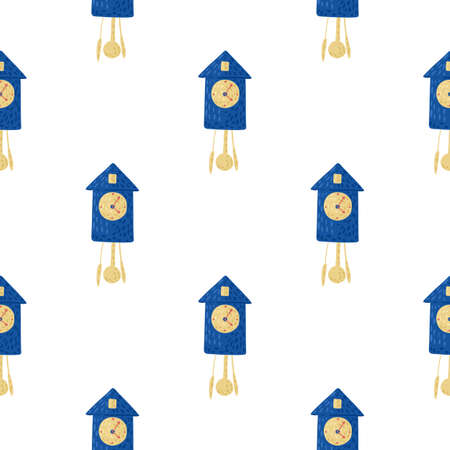 Isolated doodle seamless pattern with bright blue cuckoo clock ornament. White backround. Beige elements. Vector illustration for seasonal textile prints, fabric, banners, backdrops and wallpapers.のイラスト素材