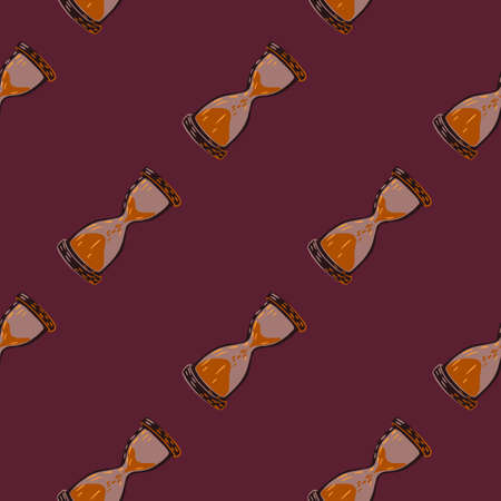 Seamless pattern with doodle orange hourglass elements ornament. Violet dark background. Decor time print. Vector illustration for seasonal textile prints, fabric, banners, backdrops and wallpapers.のイラスト素材