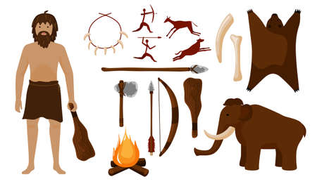 Set neanderthal. Different tools for caveman hammer, axe, spear, bow, arrow, stick, necklace, bone, campfire, animal, mammoth Prehistoric period men in flat style vector illustrationのイラスト素材