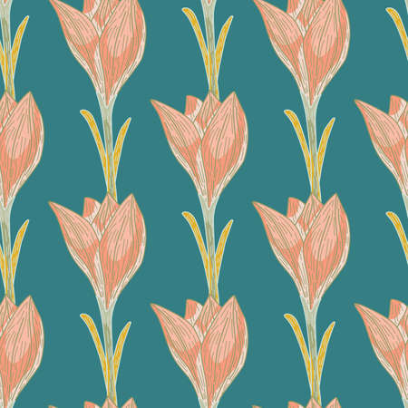 Decorative seamless pattern with pale orange outline crocus flowers. Dark turquoise background. Graphic design for wrapping paper and fabric textures. Vector Illustration.のイラスト素材