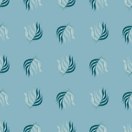 Doodle simple style seamless pattern with leaves branches tropical print. Blue pastel background. Flat vector print for textile, fabric, giftwrap, wallpapers. Endless illustration.のイラスト素材