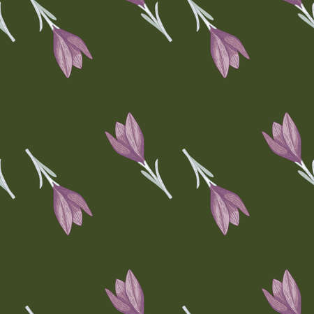 Seamless vintage pattern with doodle hand drawn purple crocus flower elements. Green olive background. Graphic design for wrapping paper and fabric textures. Vector Illustration.のイラスト素材
