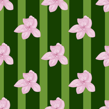 Pink contoured orchid flowers seamless botanic pattern. Green striped background. Floral backdrop. Vector illustration for seasonal textile prints, fabric, banners, backdrops and wallpapers.のイラスト素材