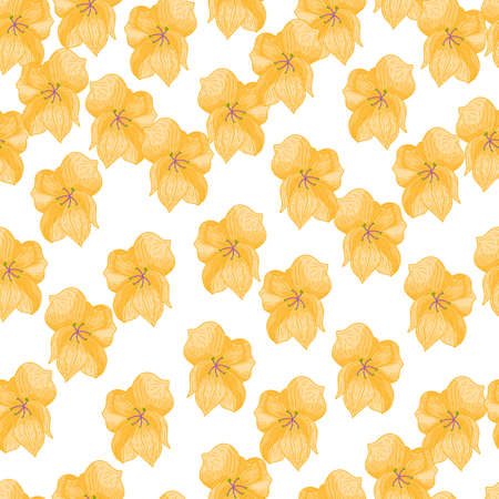 Summer isolated scrapbook seamless pattern with outline orange orchid flowers. White background. Graphic design for wrapping paper and fabric textures. Vector Illustration.のイラスト素材
