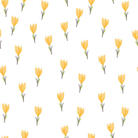 Little yellow outline crocus flowers shapes seamless pattern. Light background. Vintage decorative print. Graphic design for wrapping paper and fabric textures. Vector Illustration.のイラスト素材