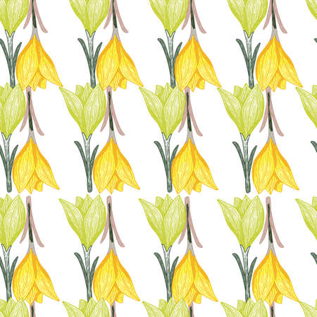 Scrapbook seamless isolated pattern with green and yellow crocus flowers shapes. White background. Graphic design for wrapping paper and fabric textures. Vector Illustration.のイラスト素材