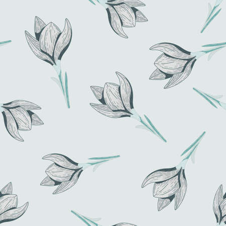 Random seamless pattern with doodle crocus elements ornament. Light palette. Botanic flora artwork. Graphic design for wrapping paper and fabric textures. Vector Illustration.のイラスト素材