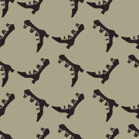 Geometric style seamless pattern with black women shoes elements. Grey background. Hand drawn fashion print. Stock illustration. Vector design for textile, fabric, giftwrap, wallpapers.のイラスト素材