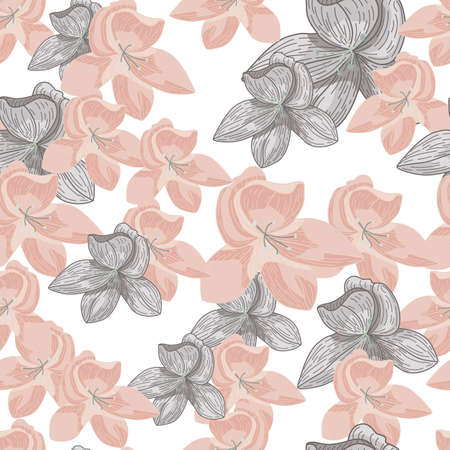 Isolated seamless pattern with pink and purple pale random orchid flowers shapes. White background. Graphic design for wrapping paper and fabric textures. Vector Illustration.のイラスト素材