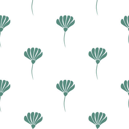 Abstract isolated seamless pattern in botanic style with simple turquoise flowers silhouettes ornament. Graphic design for wrapping paper and fabric textures. Vector Illustration.のイラスト素材
