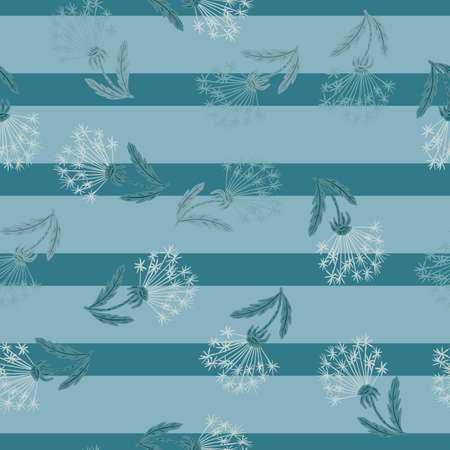 Organic seamless pattern with random hand drawn dandelion flowers print. Blue striped background. Great for fabric design, textile print, wrapping, cover. Vector illustration.のイラスト素材