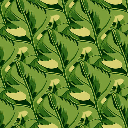 Abstract green monstera leaf ornament seamless doodle pattern. Tropic foliage print. Dark background. Perfect for fabric design, textile print, wrapping, cover. Vector illustration.のイラスト素材