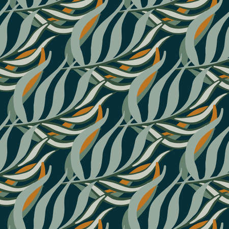 Pale blue colored tropical leaf branches silhouettes seamless doodle pattern. Dark background. Flat vector print for textile, fabric, giftwrap, wallpapers. Endless illustration.のイラスト素材