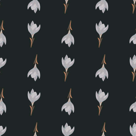 Dark tones botanic seamless pattern with light blue outline crocus flower shapes. Dark green background. Graphic design for wrapping paper and fabric textures. Vector Illustration.のイラスト素材
