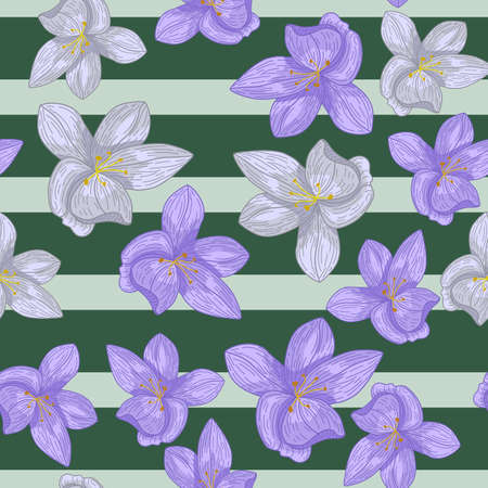 Outline blue orchid flowers seamless doodle pattern. Striped grey and green background. Floral backdrop. Vector illustration for seasonal textile prints, fabric, banners, backdrops and wallpapers.のイラスト素材