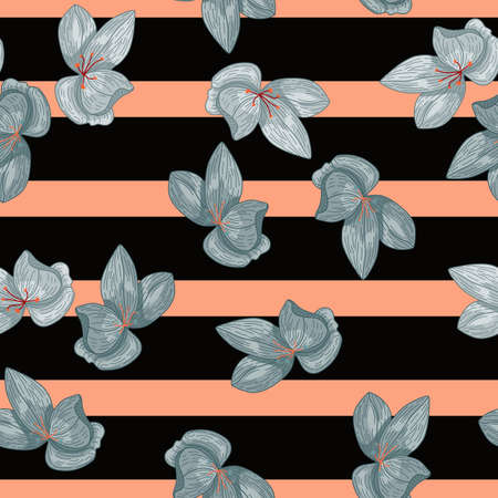Contrast blue orchid flowers seamless pattern in doodle style. Striped brown background. Floral backdrop. Vector illustration for seasonal textile prints, fabric, banners, backdrops and wallpapers.のイラスト素材