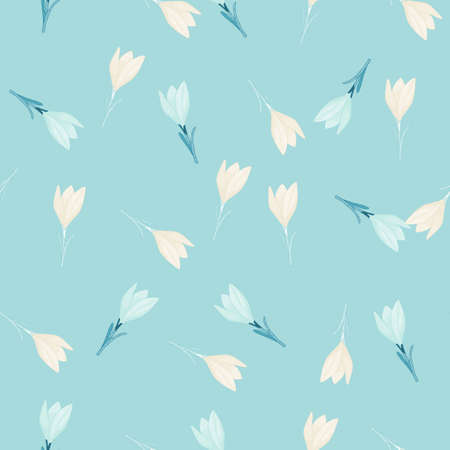 Random cute floral seamless pattern with crocus little flowers silhouettes on pastel blue background. Graphic design for wrapping paper and fabric textures. Vector Illustration.のイラスト素材
