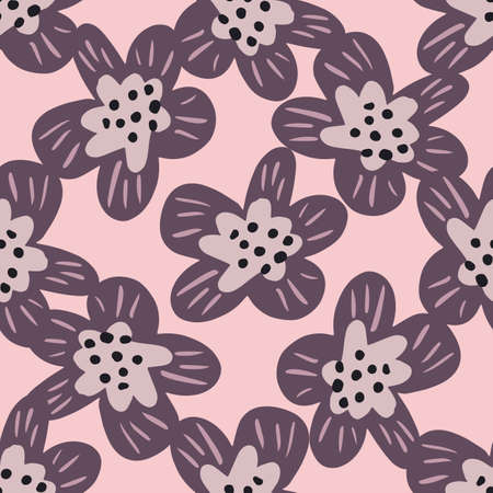 Nature seamless pattern with random purple flowers buds hand drawn print. Light pink background. Flat vector print for textile, fabric, giftwrap, wallpapers. Endless illustration.のイラスト素材