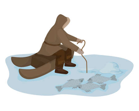 Traditional Eskimo fishing isolated on white background. fisherman sitting near ice hole and fish. Flat cartoon vector illustration.のイラスト素材