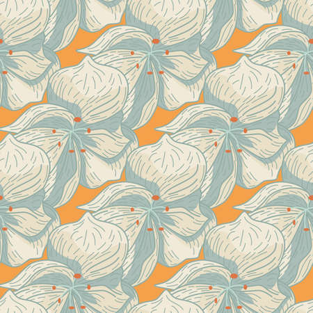 Light blue orchid flowers silhouettes seamless pattern. Orange background. Decorative doodle style. Graphic design for wrapping paper and fabric textures. Vector Illustration.のイラスト素材