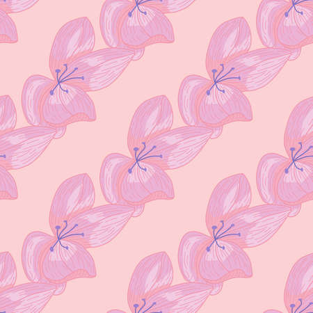 Pink orchid flower hand drawn print seamless pattern. Botanic artwork in pastel tones. Simple style. Graphic design for wrapping paper and fabric textures. Vector Illustration.のイラスト素材