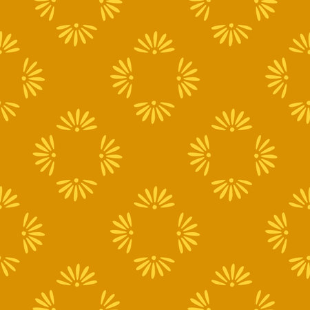 Geometric style seamless nature pattern with chamomile silhouettes. Orange background. Yellow spring...