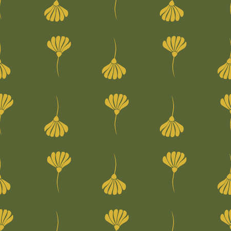 Yellow simple style flower silhouettes seamless doodle pattern. Green olive background. Floral backdrop. Vector illustration for seasonal textile prints, fabric, banners, backdrops and wallpapers.のイラスト素材