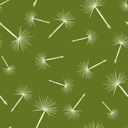 Hand drawn seamless doodle pattern with white dandelion elements ornament. Green olive background. Flat vector print for textile, fabric, giftwrap, wallpapers. Endless illustration.のイラスト素材