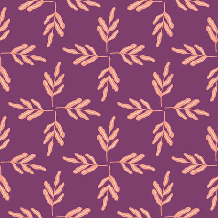 Geometric foliage seamless pattern with light orange leaves on purple background. Abstract floral backdrop. Flat vector print for textile, fabric, giftwrap, wallpapers. Endless illustration.のイラスト素材